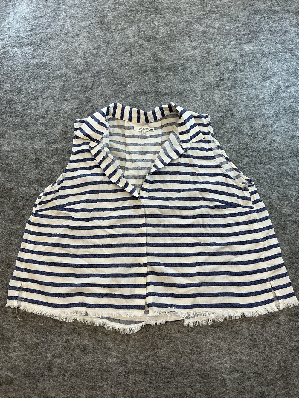 Madewell Striped Blue White Coastal Light Weight Raw Hem Button Up Top A14